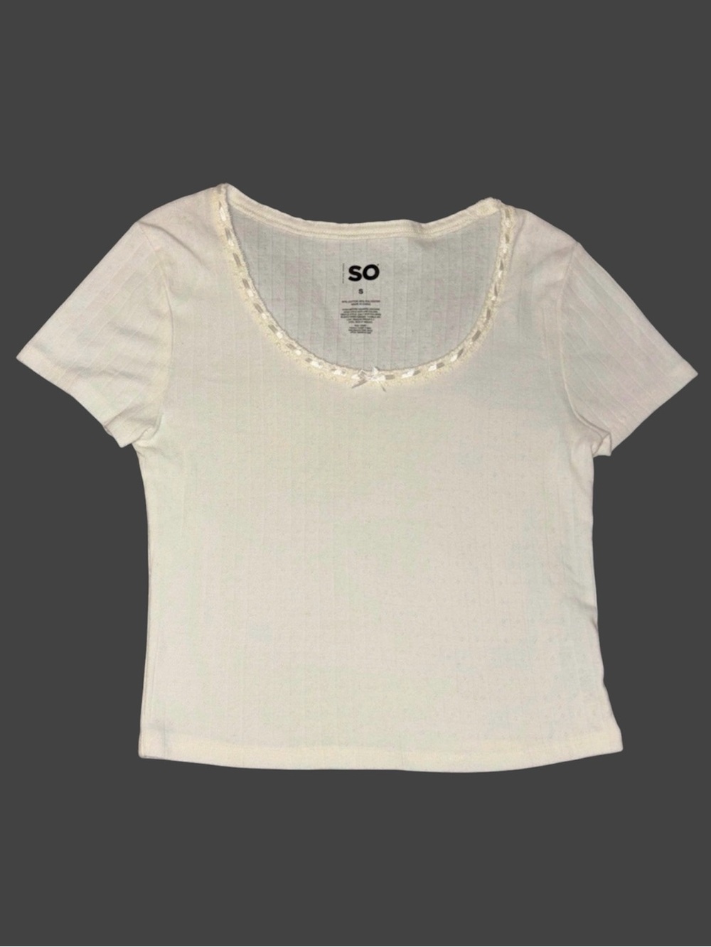 NWOT SO Cream Pointelle Baby Tee Lace Trim Bow Top size Small